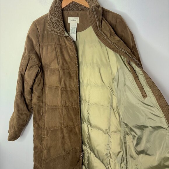 Vintage LL Bean Women's L Faux Suede Quilt Goose Down Parka Coat Sherpa Brown - Picture 2 of 12